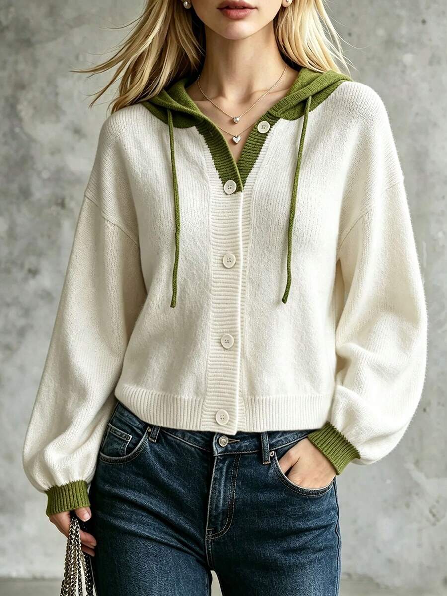 Cardigan Wanita Motif Blok Warna dengan Kancing Depan, Cardigan Rajut Lengan Panjang Kasual, Cocok untuk Pemakaian Sehari-hari di Musim Gugur/Dingin - Putih - View 1