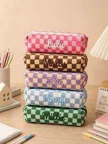 1pc Personalized Plaid Pencil Case, Customized Name Embroidered Stationery Box, School Supplies, Back To School Gift, Teacher's Day Gift, Personalized Makeup Bag, Toiletry Organizer Bag, Christmas Gift - Multicolor - View 3