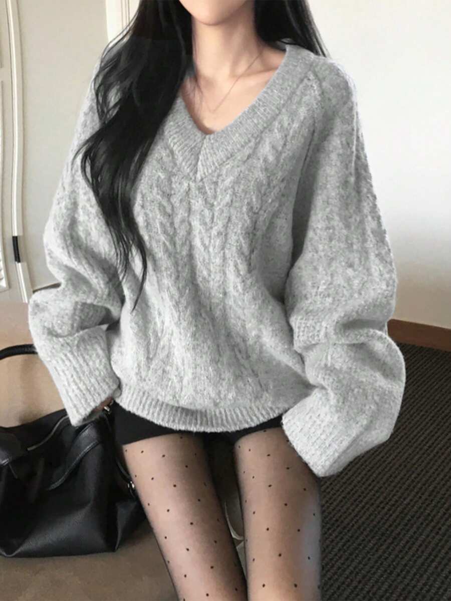 Women's V-Neck Long Sleeve Loose Cable Knit Casual Sweater - Light Grey - View 1