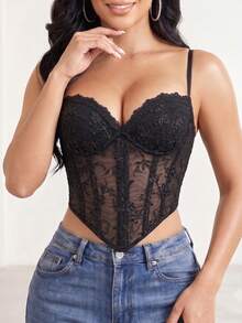 1pc Floral Lace Mesh Corset Style Spaghetti Strap Crop Top, Full Bust Support, Lace Corset, Suitable For Nightclub Outfits - Black - View 3
