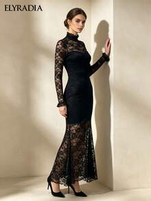 ELYRADIA Elegant Long Black Lace Dress For Fall Fashionable Stand Collar Long Sleeve Bodycon Gown For Work, Formal & Luxury Evening Parties - Black - View 9