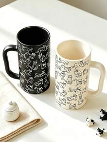 Minimalist Line Art Cat Print Ceramic Tall Coffee Mug, Black & White Kitten Drinkware, Cute Desk Decor, Cat Mom Birthday Gift - Cat Mug - View 6