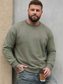 Spring/Autumn Plus Size Men's Solid Color Crew Neck Sweatshirt, Contrast Stitch Raglan Sleeve Loose Casual Basic Long Sleeve Top - Green - View 2