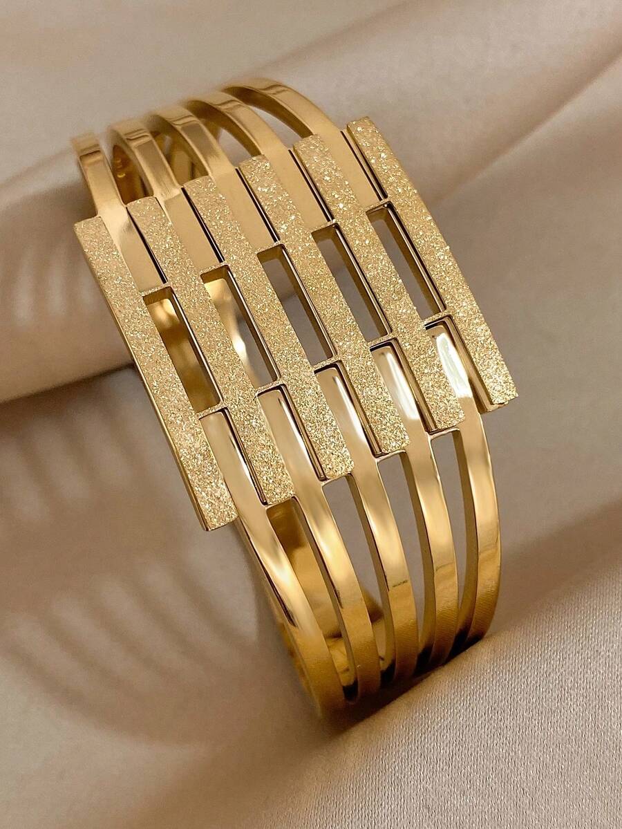 Geometric Hollow Horizontal Strip Matte Gold Stainless Steel Bracelet, Multi-Layer Stackable Wide Cuff, Commuter Luxury Chic Exquisite Hypoallergenic Fade-Resistant Hand Jewelry - Gold - View 1