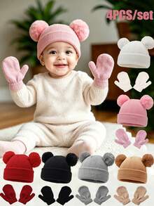 4 piezas/Set Gorro y guantes de punto para bebé, adecuado para niños/niñas, regalo ideal para Navidad/Acción de Gracias. Gorro de punto cálido, transpirable, suave y amigable con la piel para bebé - Multicolor - Ver 1