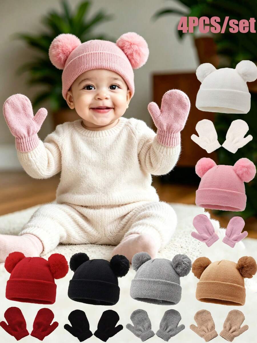 4 piezas/Set Gorro y guantes de punto para bebé, adecuado para niños/niñas, regalo ideal para Navidad/Acción de Gracias. Gorro de punto cálido, transpirable, suave y amigable con la piel para bebé - Multicolor - Ver 1