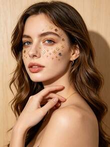 1pc Vintage Gold Foil Four-Leaf Clover Star Heart Face Decoration Sticker, Exquisite Embossed Metal Flower 3D Eye Makeup Sticker, Gentle Luxury Style Photography, Wedding, Stage Makeup Accessory, Multi-Style Gold Pattern Waterproof Sticker, Can Be Applied To Forehead, Cheeks, Collarbone, Atmosphere Exquisite Girl Versatile Face Makeup Decoration Sticker Set - Multicolor - View 3