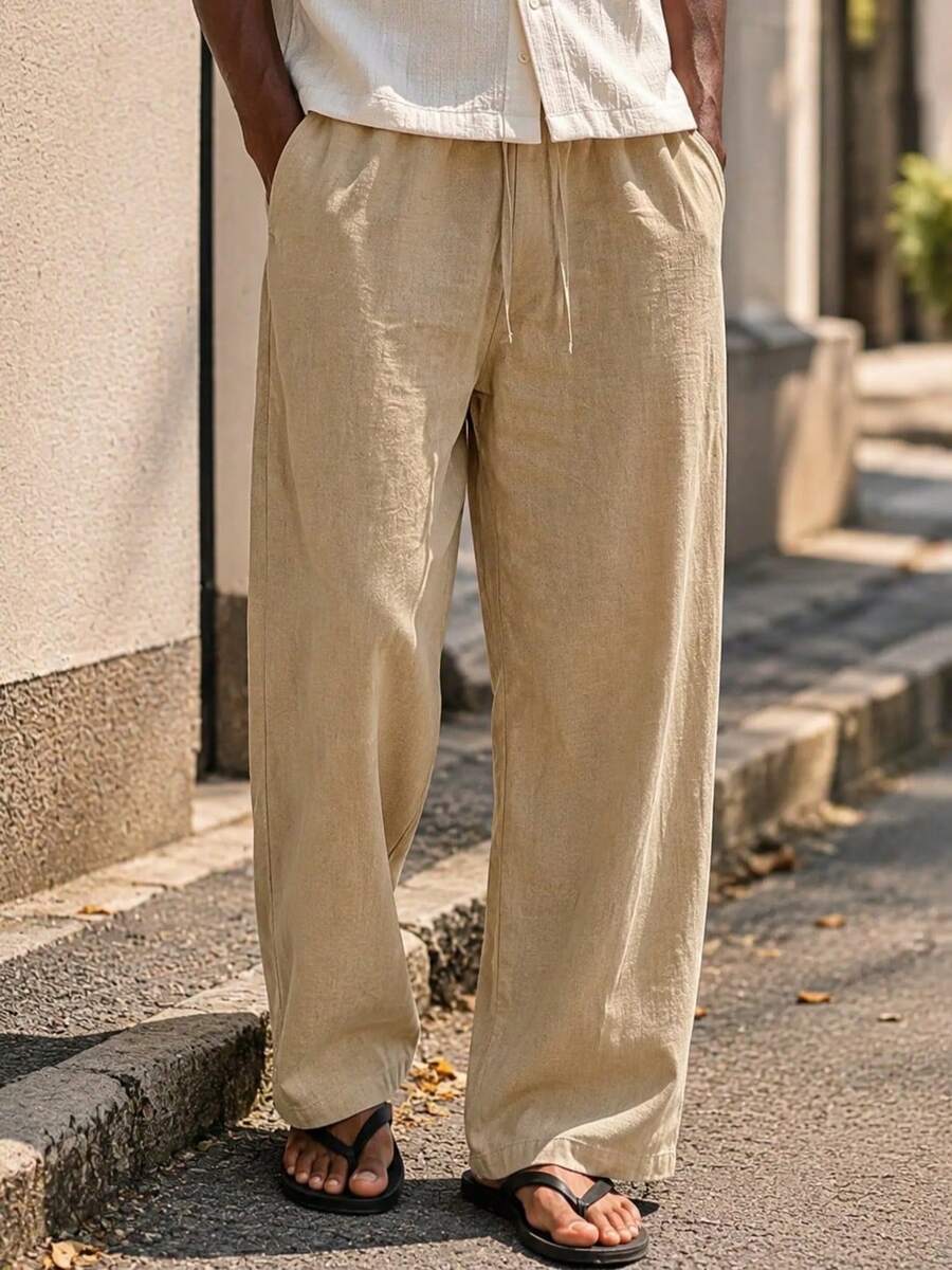 Men's Solid Color Drawstring Waist Casual Versatile Daily Travel Long Pants - Apricot - View 1