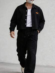 Premium Solid Color Short Work Jacket & Draped Loose Wide Leg Trousers Men's Spring/Autumn 2 Pieces Set Minimalist Outfit - Black - View 2