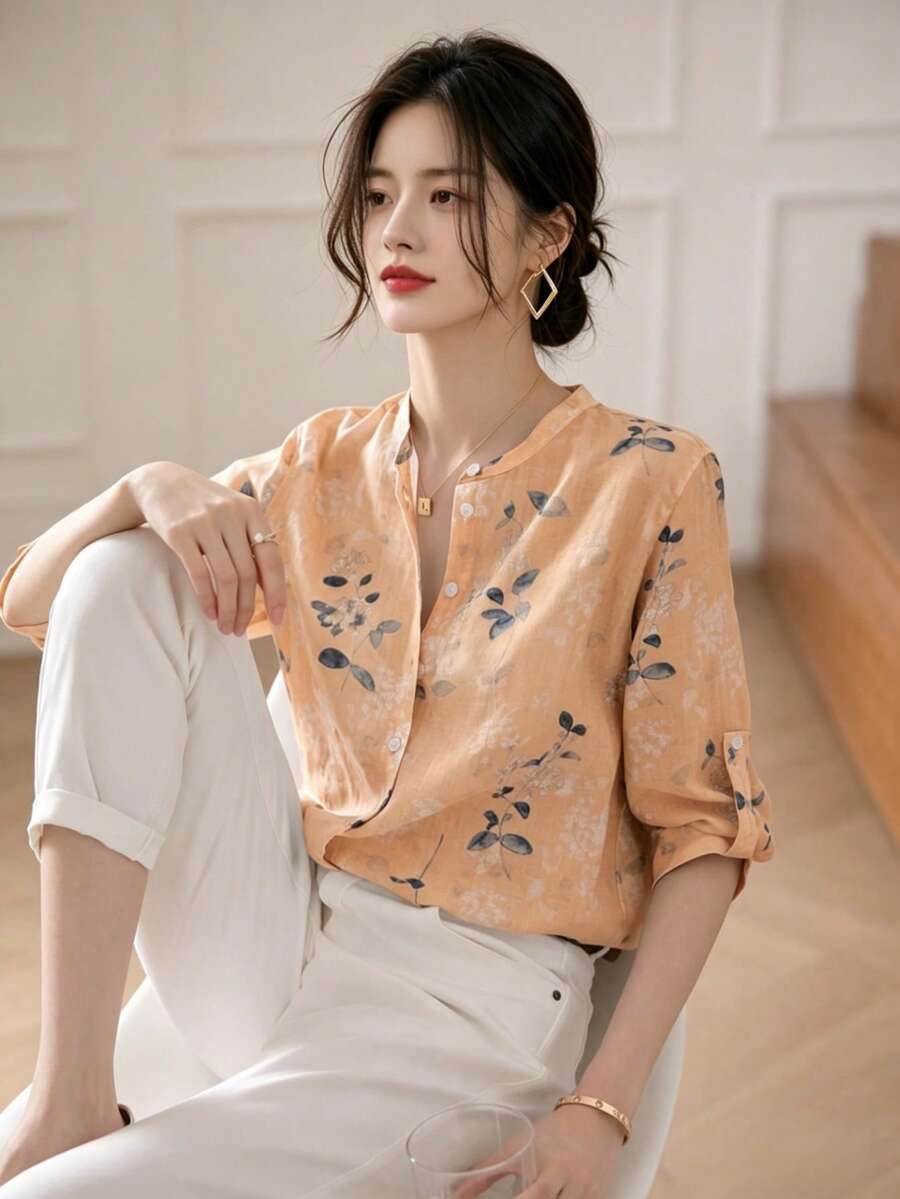 YUXIN 女款霧藍水彩花卉立領七分袖上衣，捲袖口修身透氣印花襯衫，春夏辦公度假穿搭