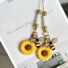 1/2pcs Rhinestone Bee & Sunflower Phone Charm Pendant, Creative Small Accessory, Suitable As Gift - Multicolor - View 5