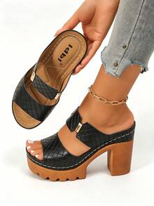 Sandalias de tacón alto para mujer de unicolor con cierre de gancho y bucle, ajuste ancho, ligeras y cómodas, tacón grueso, estilo casual para ir al trabajo, sandalias tipo slip-on minimalistas para verano y playa - Negro - Ver 7