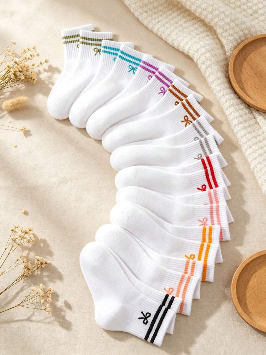 10雙隨機款式女童蝴蝶結條紋中筒襪,柔軟透氣,適合返校、運動與日常穿著 - 彩色 - 查看 1