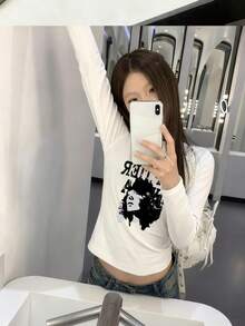 Niche Brand Unique Square Shoulder Long Sleeve Base Layer, Women's T-Shirt, Autumn Retro Portrait & Letter Print Y2K Top - White - View 5