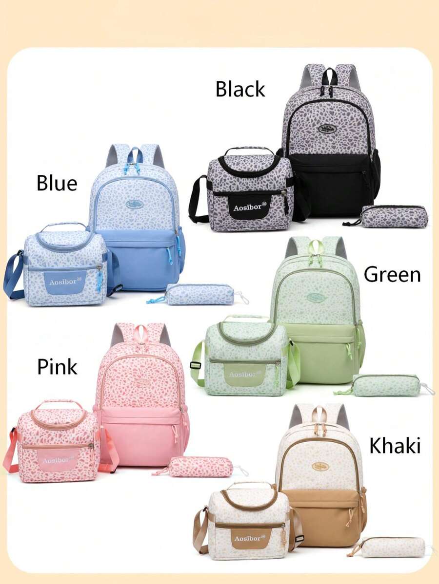 Nuevo Set de Mochila de 3 Piezas con Estampado de Leopardo en Bloques de Color, Mochila Escolar de Gran Capacidad y Ligera para Estudiantes con Estuche para Lápices y Bolsa de Almuerzo, Mochila Casual para Viajes al Aire Libre, Desplazamientos y Estudio para Estudiantes de Secundaria - Multicolor - Ver 1