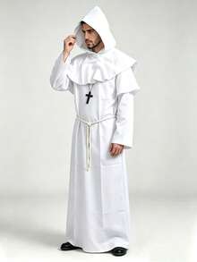 1 Set Men's Halloween Cosplay Medieval Cloak Monk Robe Wizard Priest Gown With Hood, Waist Rope & Necklace - White - View 2