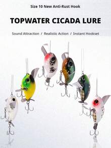 1pc 7g Water Cicada Floating Crawler Lure, Surface Ripple Floating Bass Fishing Hard Bait With Double Hooks, Strong Vibration Attracts Fish - Multicolor - View 1