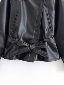 Women's New Autumn Fashion Urban Modern Style PU Leather Belt Waist Jacket Black Fall - Black - View 6