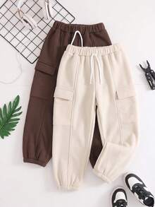 2pcs Celana Jogging Kasual Minimalis untuk Anak Laki-Laki, Berlapisan Termal, dengan Kantong dan Ujung Manset, Musim Gugur/Dingin - MultiWarna - View 1