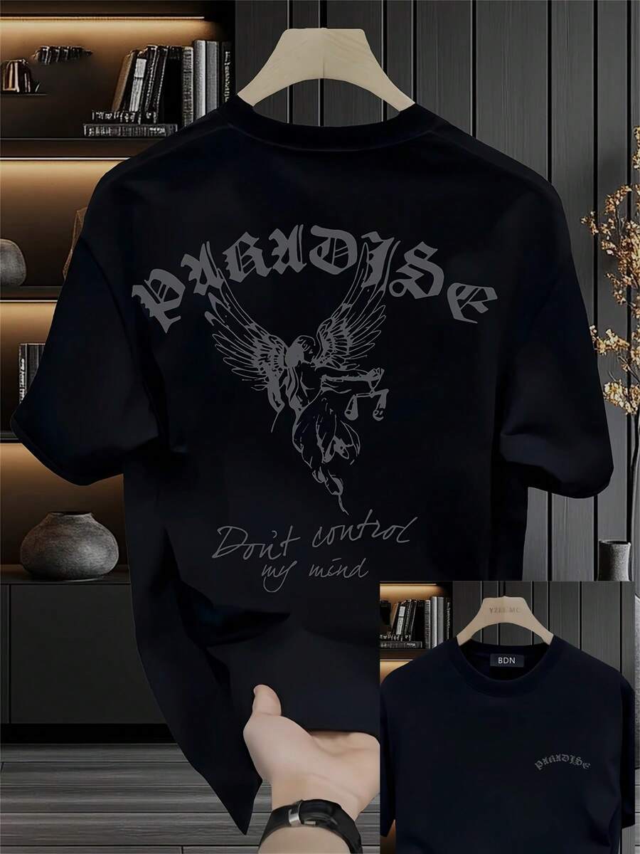Camiseta de manga corta estampada para hombre - Estilo coreano y japonés - Algodón puro grueso - Prenda versátil para el verano - Negro - Ver 1
