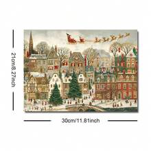 1pc Framed/Unframed Fantasy Christmas Town Santa Sleigh Flying Canvas Poster, Snowy Village Cozy Holiday Mural Print, Winter Christmas Wonderland Landscape Painting, Nordic Style Apartment Living Room Bedroom Modern Home Decor - A - View 13