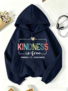 Women's Colorful Letter Leopard Print Heart Pattern Sweatshirt, Front Print Kangaroo Pocket, Loose Long Sleeve Drawstring Casual Autumn Style - Navy Blue - View 2