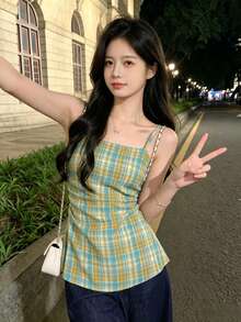 YUXIN Vintage Style Color Block Plaid Sleeveless Tank Top For Women, Design Element With Ruched Waist Flattering Back Detail, Summer - Blue - View 4