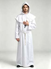 1 Set Men's Halloween Cosplay Medieval Cloak Monk Robe Wizard Priest Gown With Hood, Waist Rope & Necklace - White - View 5