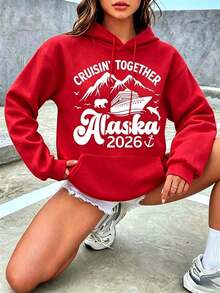 Women Hooded Sweatshirt Cruisin Together Alaska 2026 Cruise Ship Mountains Bear And Dolphin Print For Vacation Travel Summer Holidayprinted Sweatshirt - 紅色 - 查看 9