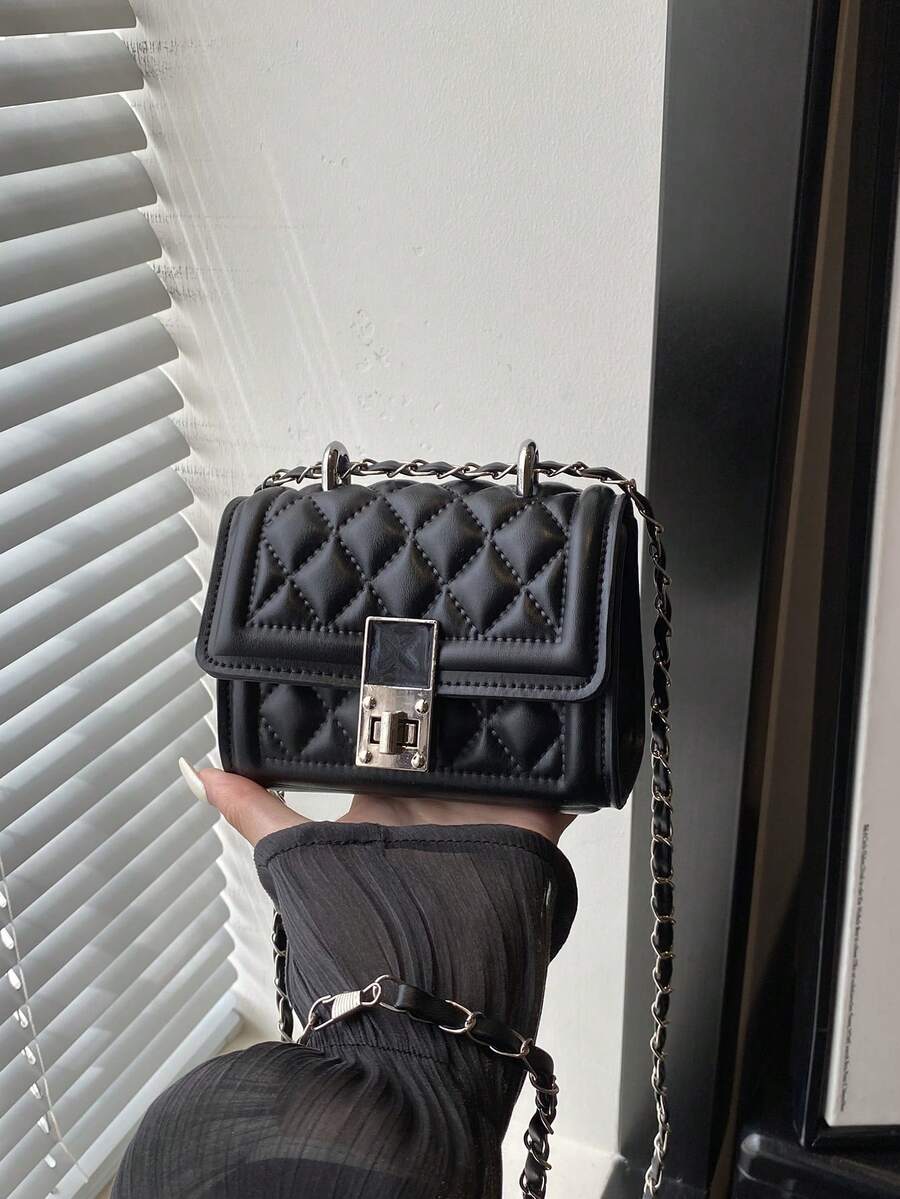 Fashion Solid Color Quilted Square Chain Shoulder Bag, Mini Multi-Functional Evening Clutch, Lightweight New Handbag And Wallet, Suitable For Daily Commute Crossbody, Ideal Choice For Office Workers, Casual Coin Purse - Black - View 1