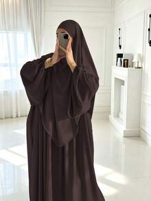 2pcs/Set Khimar+Abaya) Soft Muslim Prayer Outfit, Long Abaya With Matching Hijab, Casual Outing Essential Fashion Item (Hijab+Dress) - Multicolor - View 9