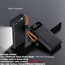 LADAPU 10000/20000/30000mAh超大容量5V2A便携式快充移动电源，高颜值商务简约风格充电器，内置4根电缆，4种模式超亮露营灯，旅行必备，适用于iPhone 6 7 8 X XR 11 12 13 14 15 16 Pro Max适用于iPad、Android手机，送给家人、朋友、孩子、生日、圣诞节、冬季、的礼物适合户外玩耍、购物、旅行、便携式电源超级快速充电，LED电量显示，适用于带有USB和Type-C端口的Android和iPhone设备的便携式充电器，安全稳定的聚合物锂电池。 - 黑色 - 查看 10