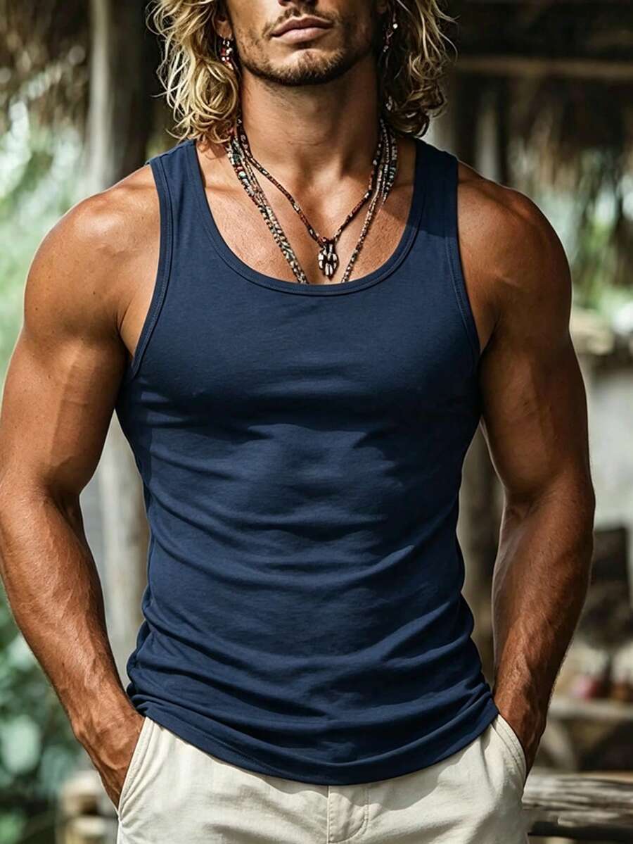 Men's Summer Sleeveless Narrow Shoulder Tank Top, Suitable For Daily Wear And Outdoor Use - Navy Blue - View 1