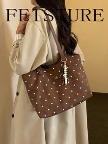 Large Capacity Polka Dot Print Shoulder Bag, Fashion Tote Bag With Pendant, Suitable For Daily Outings, Dates, Commuting - Coffee - View 4