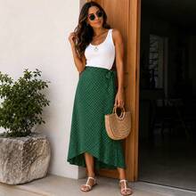 Women's Long Wrap Skirt In Viscose Linen With Tie Detail – Style And Comfort – One Size - Green Polka Dot - View 6