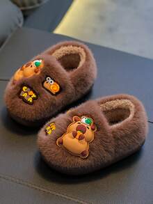 1 Pair Kids Fuzzy Slippers PVC Sole Warm Winter Boys Girls Capybara Design Cute Closed-Back Baby Plush House Shoes - Coffee Brown - View 7
