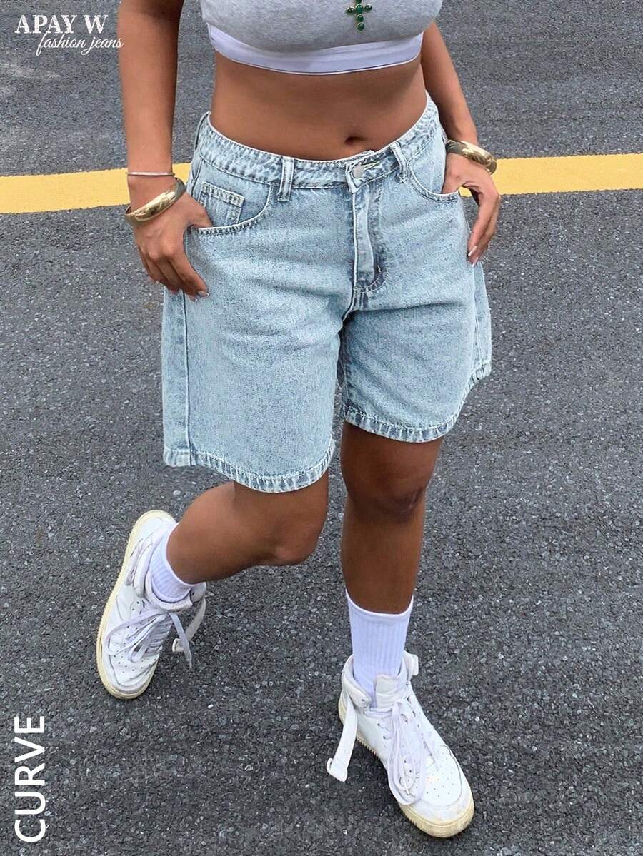 Plus Size Women's Solid Color Bermuda Denim Shorts Casual Summer - Snowflake - View 1