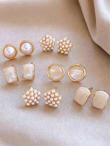 12pcs/Set French Vintage Elegant Baroque Faux Pearl Enamel Cat Eye Stone Shiny Gold Square Stud Earrings - Multicolor - View 3