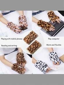 1 Pair Of Winter Half-Finger Leopard Print Gloves, Comfortable And Warm, Essential For Winter Cycling, Office Work, And Outdoor Activities. - Multicolor - View 5