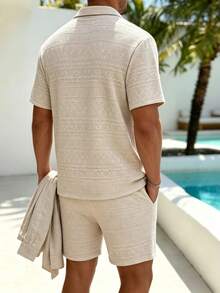 2pcs Men's Turn-Down Collar Button-Up Short Sleeve Top + Elastic Waist Shorts Pajama Loungewear Set - Apricot - View 3