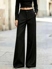 1pc Women's Fashion Commute Woven Fabric Casual Flare Leg Suit Pants Office Daily Work Black Trousers Spring Autumn - Black - View 4
