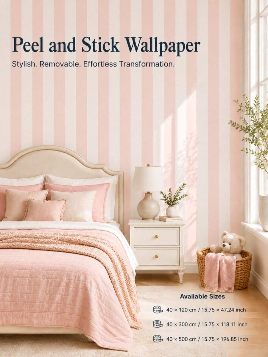 SUPSTICKER 1pc Soft Pink Striped & Bohemian Herringbone Self-Adhesive Wallpaper, Waterproof Removable PVC Wall Sticker Decor, Suitable For Bedroom, Living Room, 3 Sizes - Multicolor - View 1