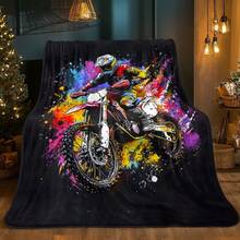 Colorful Motocross Rider Fleece Blanket Tropical Jungle Leaf Premium Jacquard Weave Blanket – Lightweight Travel Essential - Multicolor - View 3