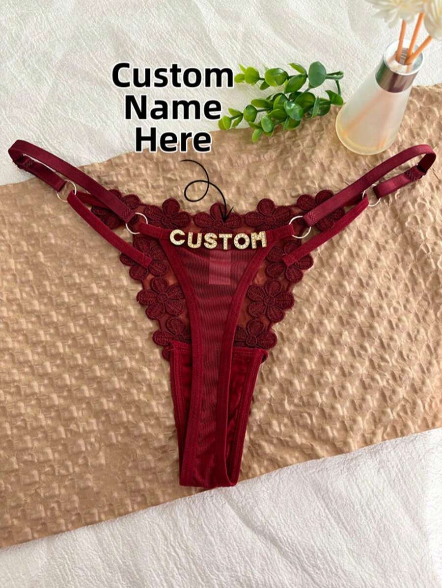 客製化水晶字母姓名文字特殊日期性感網格花卉丁字褲 可調尺寸 G-String 妻子週年紀念派對個性化禮物