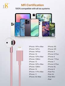 D8 2入 Lightning 介面耳機，內建麥克風與遙控器，可控制音樂與通話，有線入耳式耳機，隔音接頭，相容 IP14 13 12 11 Pro Max/X XS Max XR/8 7 Plus - 彩色 - 查看 8