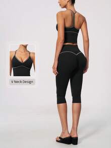 NcmRyu Women's One Set Contrast Color White Line Spaghetti Strap V-Neck Y-Back Tank Top & Butt-Lifting Mid-Length Shorts Sports Set - Black - View 3