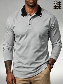 mulinsen Men's Contrast Color Turn-Down Collar Long Sleeve Polo Shirt, Business Casual Button-Up Knit Sports T-Shirt, Spring/Autumn Solid Color - Light Grey - View 1