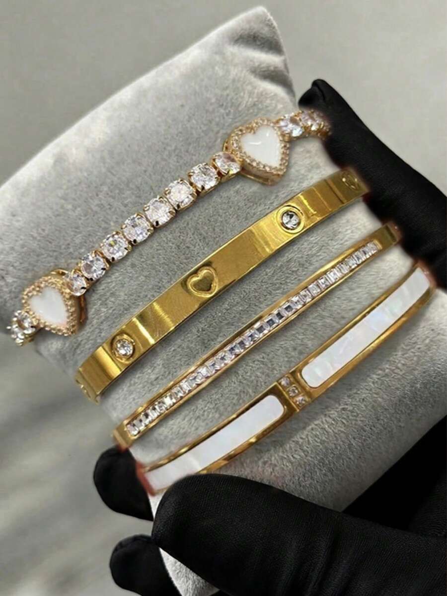 1/4件套18K镀金不锈钢心形扣手链，镶嵌立方氧化锆，女士珠宝套装，适合日常佩戴、音乐节、派对礼物