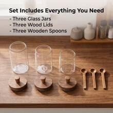 3 Pcs Multi-Size High Borosilicate Glass Spice Jars Set, Airtight Seasoning Containers With Wooden Lids & Unique Side Spoon Holder, Moisture-Proof Storage Canisters For Sugar, Coffee & Salt - Clear - View 3