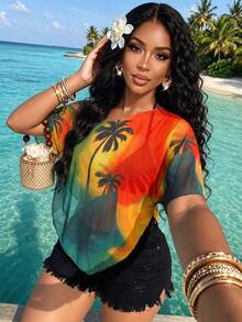 AIJ Women's Autumn Tropical Gradient Palm Tree Print Cold Shoulder Short Sleeve Loose Flowy Blouse, Suitable For Beach Vacation, Daily Casual Wear Summer - Gradient Orange-green - View 7